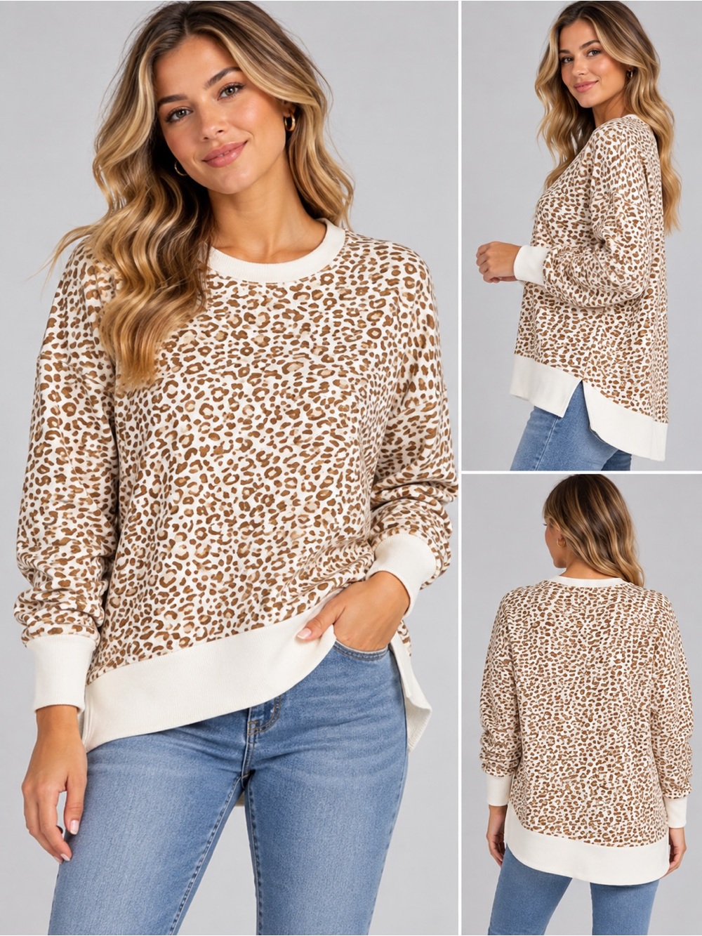 Time And Tru Women’s L Leopard Animal Print Crew Neck Fleece Pullover Sweatshirt